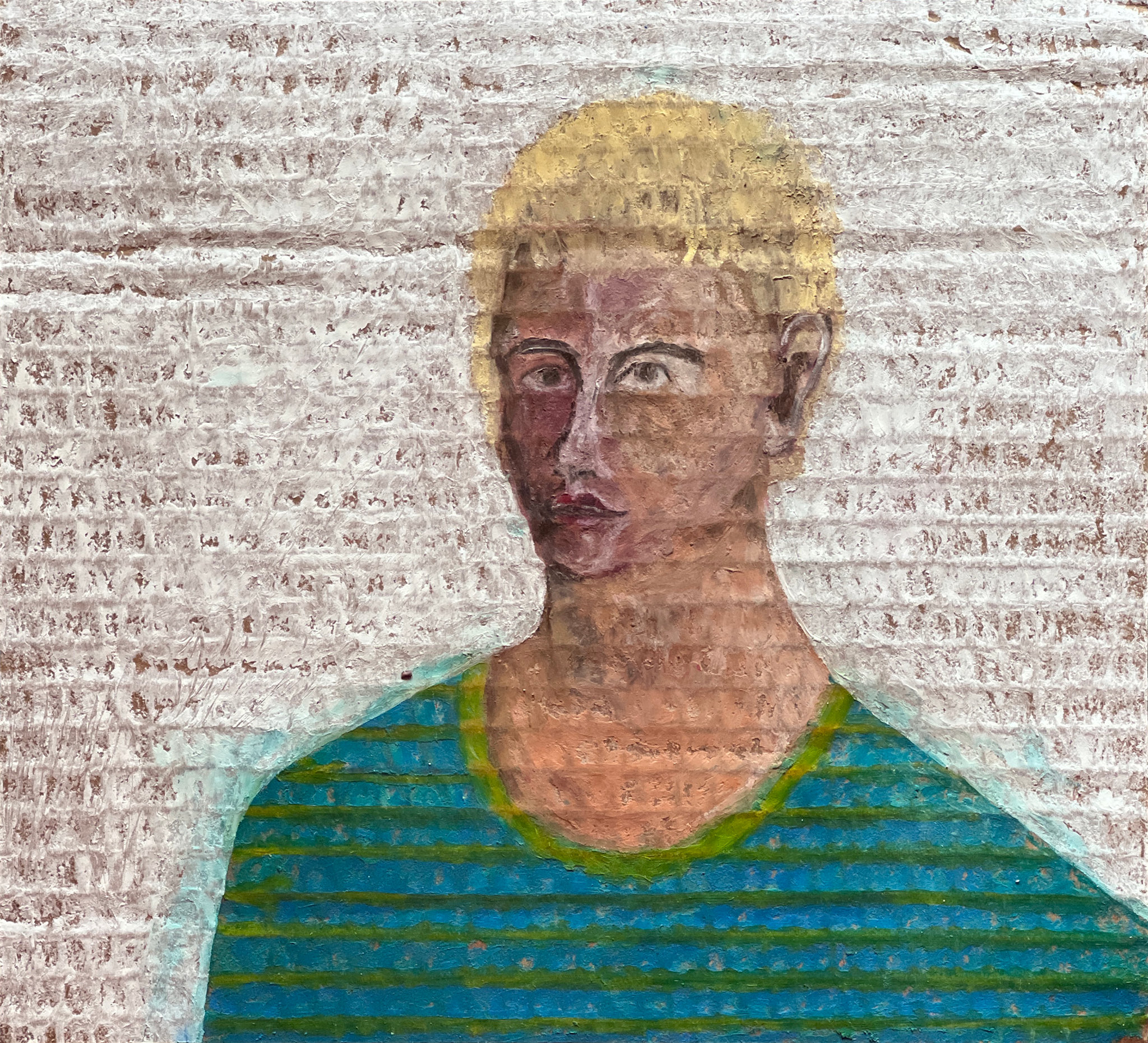 Blonde boy with yellow striped blue shirt