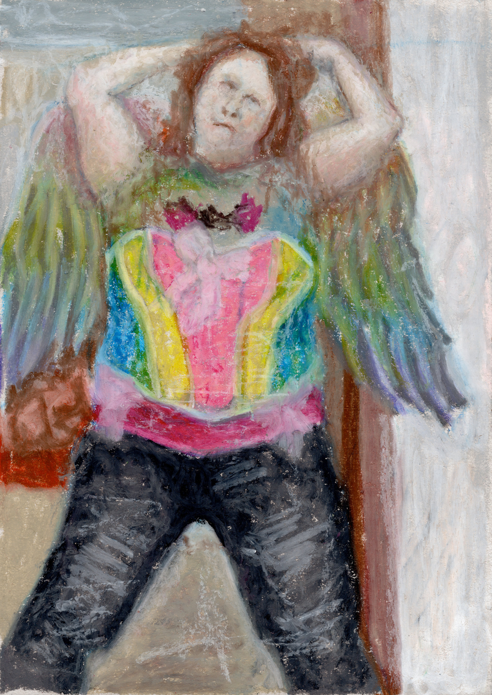 Woman with colorful wings and hands in her hair